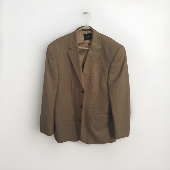 Nautica Men's 42R 3 Button Blazer Tan Checked 100% Wool - Picture 1 of 1